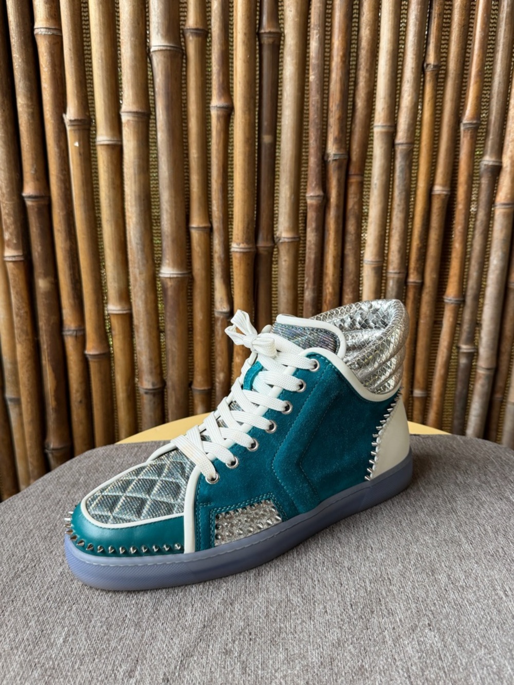 CHRISTIAN LOUBOUTIN -  Blue/Silver Suede And Python high top sneakers